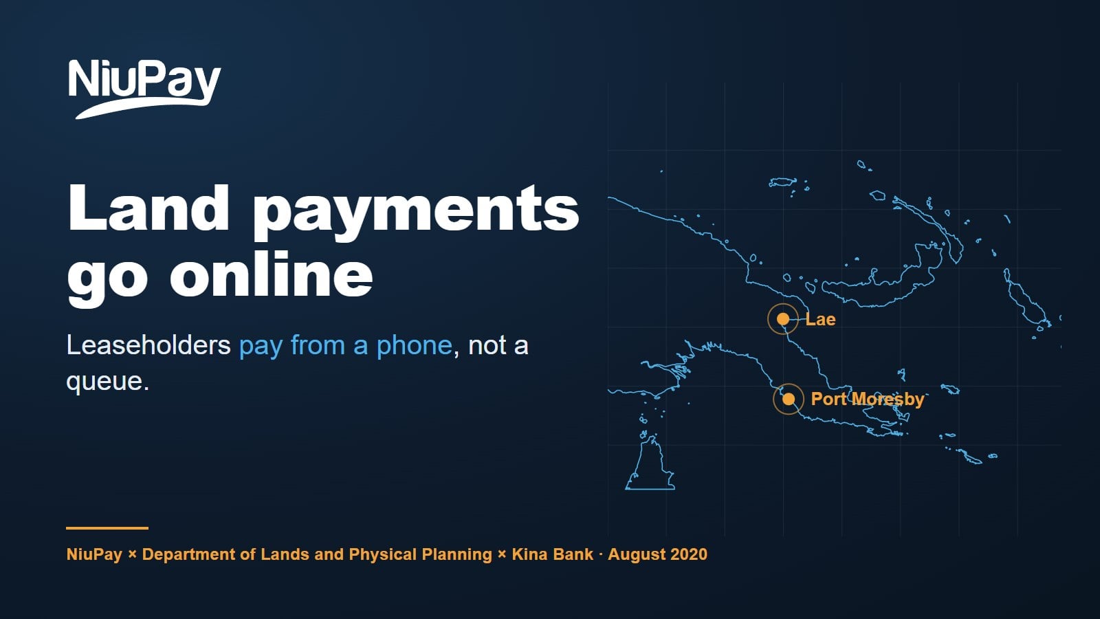 NiuPay graphic: Land payments go online, with a map of Papua New Guinea marking Port Moresby and Lae