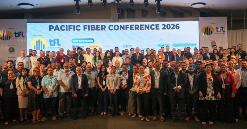 Delegates gathered on stage at the Pacific Fiber Conference 2026 in Nadi