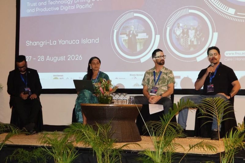 A panel on stage at the 7th National Conference on Information Technology at Shangri-La Yanuca Island, Fiji