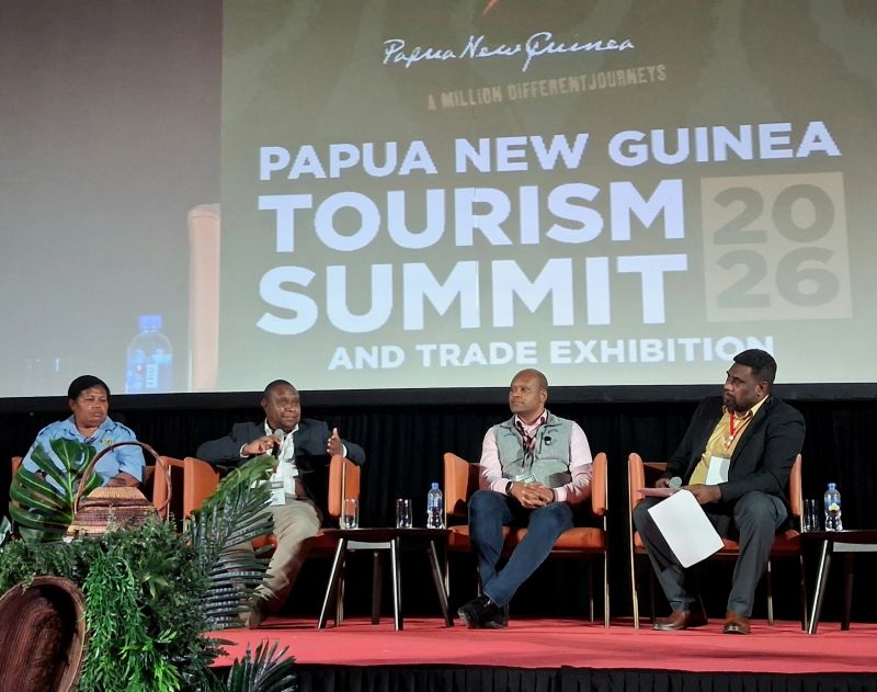 Panellists on stage in the Digital Transformation session of the 2026 PNG Tourism Summit at APEC Haus