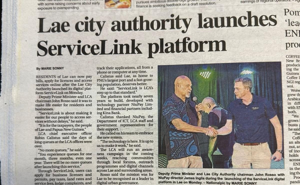 The National's printed report on the ServiceLink launch in Lae, May 2026