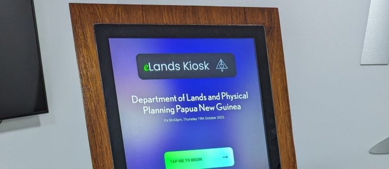 The eLands self-service kiosk, designed and built in Papua New Guinea, on its welcome screen